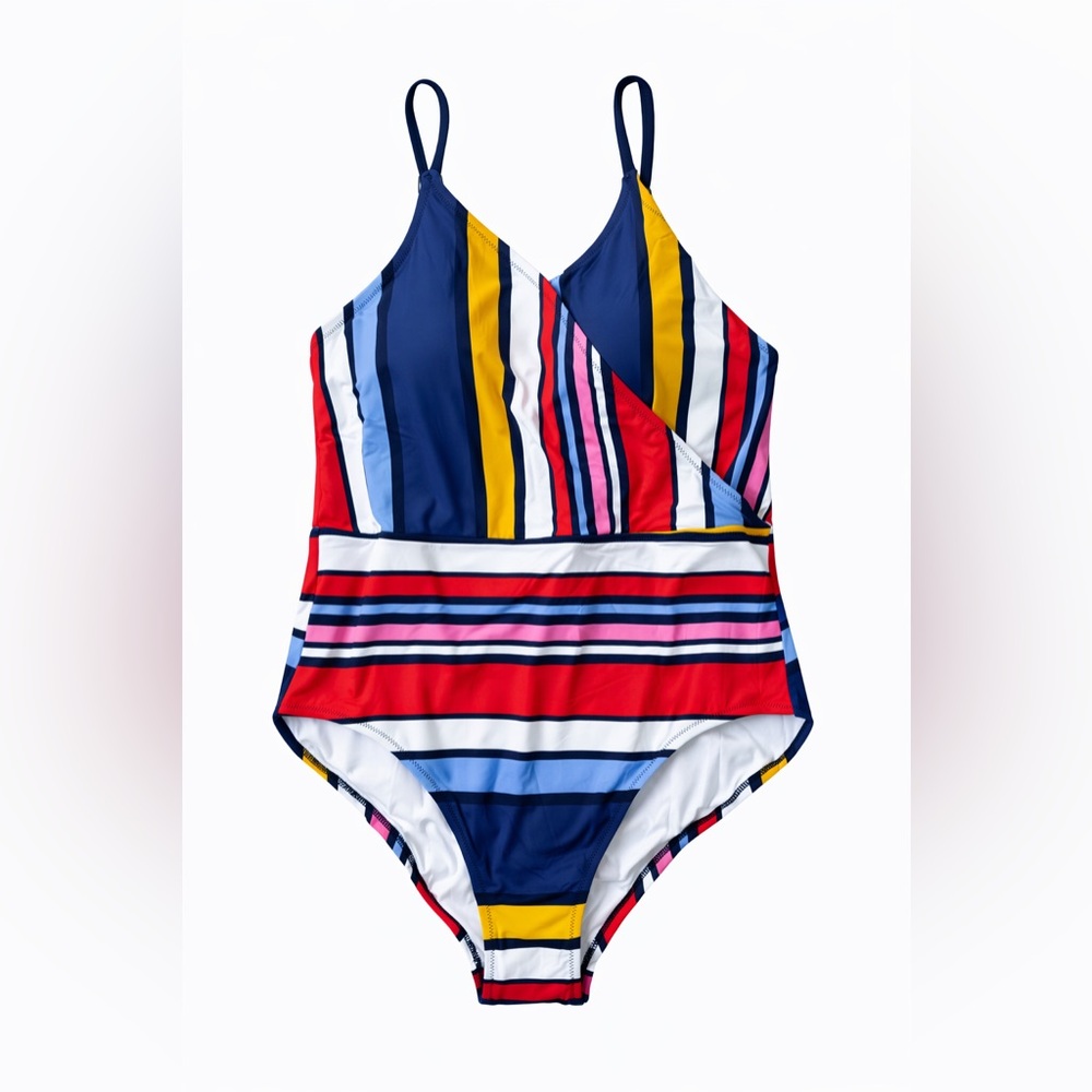 Sperry One-Piece Swimsuit Red Blue Yellow Striped V-Neck Size 12 NWT